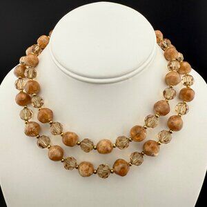 Vintage Lisner Double Strand Necklace Amber & Gold Tones Glass And Plastic Beads